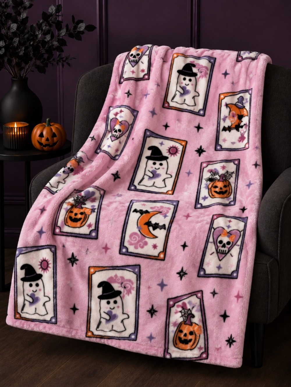Betsey Johnson Halloween Ghost Skull Pumpkin Plush Throw Blanket Pink 50x70